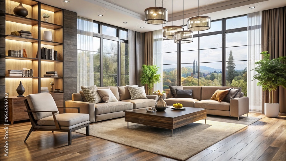 A minimalist aesthetic is achieved through the combination of cream-hued furniture, neutral-toned walls, and sheer A minimalist aesthetic is achieved through the combination of cream-hued furniture, neutral-toned walls, and sheer