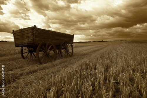 Harvest Time: A Sepia Cart on a Harvest Field Ready for Autumn Collection