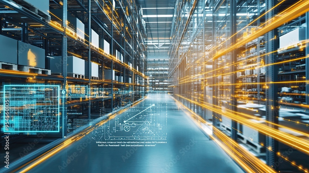 Interior of a Modern Warehouse With Automated Technology, Showcasing the Digitalization of Industry 4.0 and the Future of Smart Logistics Interior of a Modern Warehouse With Automated Technology, Showcasing the Digitalization of Industry 4.0 and the Future of Smart Logistics