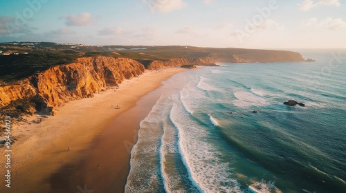 Aerial view of the scenic Praia do Amado, a famous surfing beach on the Costa Vicentina in Algarve