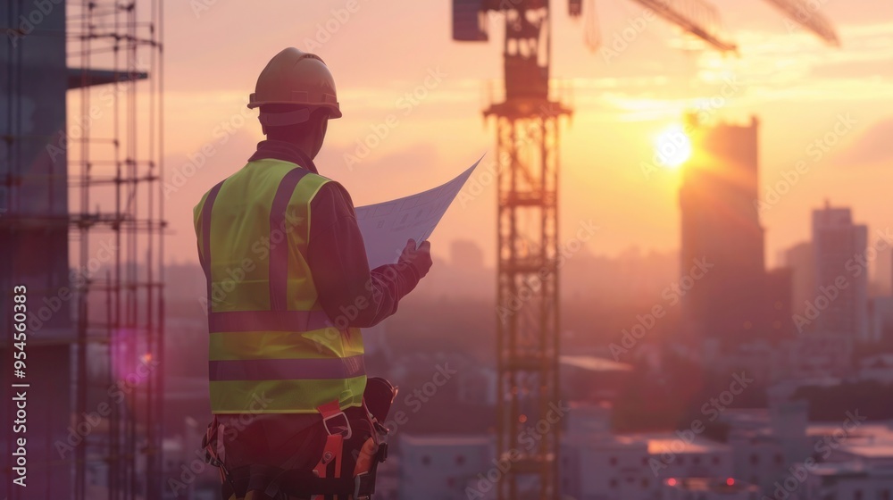 Working on a high rise construction site with a tower crane, a construction worker and engineer wearing safety Working on a high rise construction site with a tower crane, a construction worker and engineer wearing safety