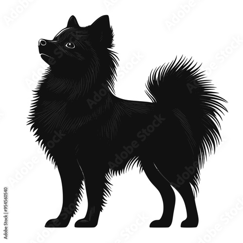 Pomeranian stands in profile, vector image, icon, flat, black on a white background.