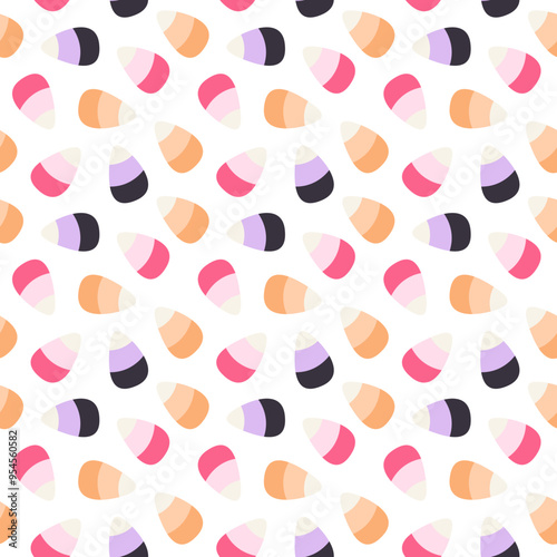 Cute Halloween candy corn pattern in various colors. Perfect for crafting, scrapbooking, home decor, and fashion. Festive design with playful shapes and colors