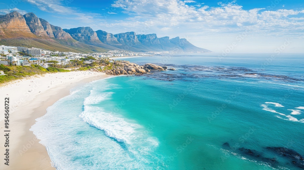Aerial view of the turquoise waters and white sands of Camps Bay Beach, with the Twelve Apostles mountain range Aerial view of the turquoise waters and white sands of Camps Bay Beach, with the Twelve Apostles mountain range