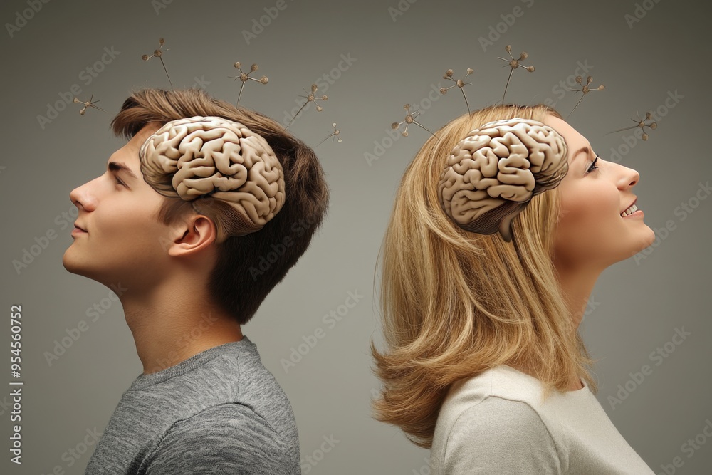 Cognitive training Romance novel Profiles of a man and woman with illuminated brain patterns representing harmony of thoughts shared understanding and intellectual balance within their relationship Cognitive training Romance novel Profiles of a man and woman with illuminated brain patterns representing harmony of thoughts shared understanding and intellectual balance within their relationship