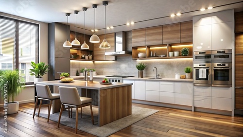 A modern kitchen showcases sleek lines, custom cabinetry, cutting-edge appliances, and stylish accents, perfecting the