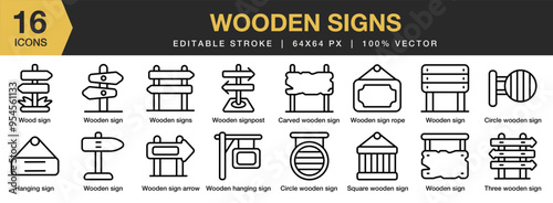 Wooden sign icon set. Editable Stroke Icon Collection. Includes hanging sign, road, signpost,  and More. Outline icons vector collection.