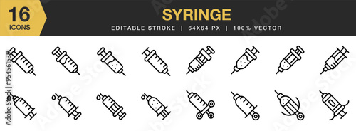 Syringe icon set. Editable Stroke Icon Collection. Includes syringe icons and More. Outline icons vector collection.