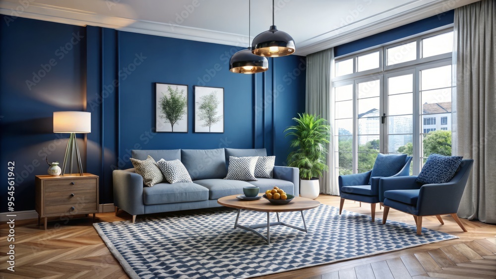 A modern space comes alive with a blue accent wall, geometric patterned rug, and stylish furniture, resulting in A modern space comes alive with a blue accent wall, geometric patterned rug, and stylish furniture, resulting in