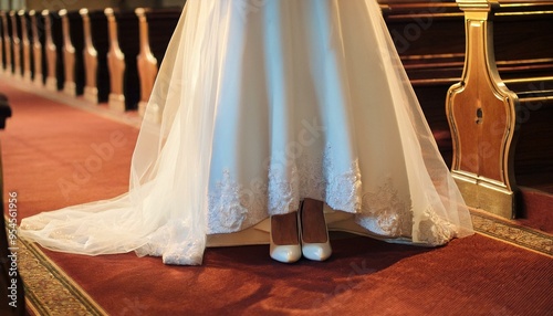 Wedding dress and heels close up, bride marriage day