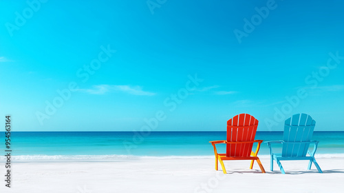 lounge chairs on a beach, vacation background or wallpaper.