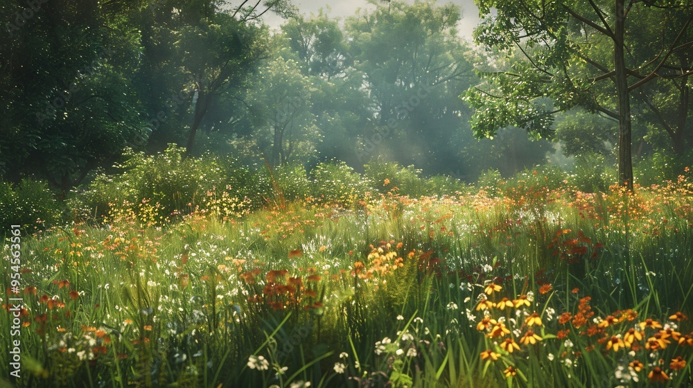 Obraz premium 07231249 383. Wide view of a summer meadow in full bloom, featuring an array of wild flowers and tall grasses, bordered by a dense forest and capturing the essence of a peaceful summer landscape