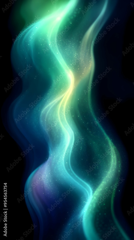 Abstract blue and green glowing waves with sparkling dust particles on a black background.