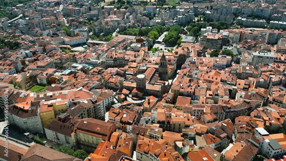 Breathtaking aerial drone shot offering a panoramic view of Ourense Cathedral and the surrounding old town in Galicia, Spain Breathtaking aerial drone shot offering a panoramic view of Ourense Cathedral and the surrounding old town in Galicia, Spain