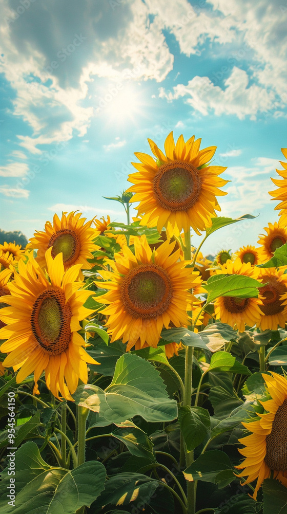 A vibrant watercolor depiction of a field of sunflowers, with bright yellow petals and bold green stems under a clear, blue sky. A vibrant watercolor depiction of a field of sunflowers, with bright yellow petals and bold green stems under a clear, blue sky.