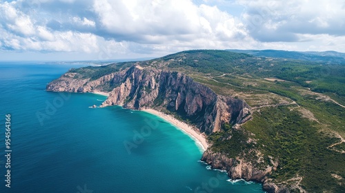 Bird's-eye view of the scenic Serra da Arraibida, with rolling hills, limestone cliffs, and pristine beaches photo