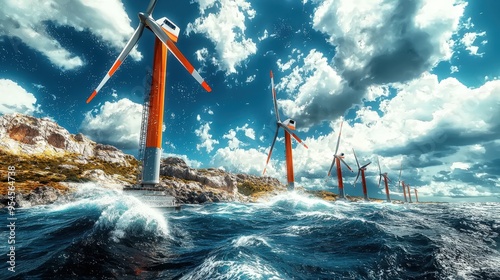 Floating wind turbines with a coastal backdrop, emphasizing their role in sustainable development and advanced technology, clear and expansive setting, ample copy space photo