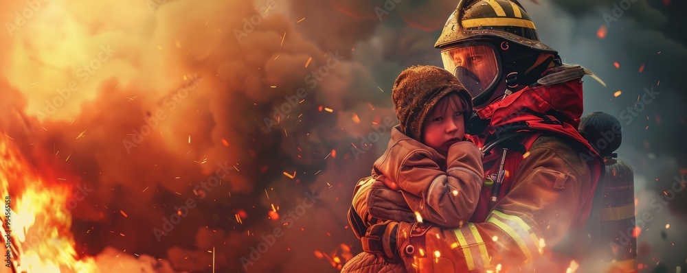 Firefighter rescuing a child from a burning building, 4K hyperrealistic ...
