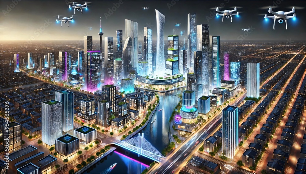 Obraz premium Neon Dreams : A Futuristic Smart City at Night