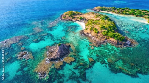 Bird's-eye view of the vibrant coral reefs and clear waters of Pigeon Island National Park, with colorful marine life