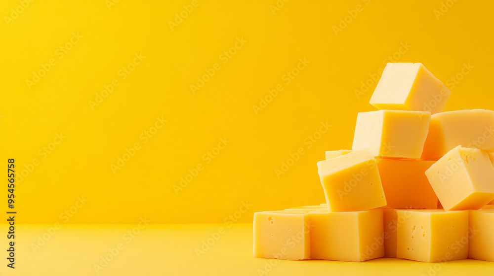 A yellow background with cubes of cheese in the foreground, close-up, with ample copy space A yellow background with cubes of cheese in the foreground, close-up, with ample copy space