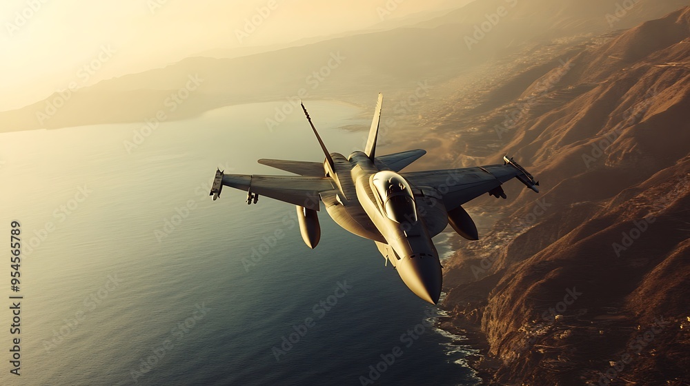 Stealth Fighter Jet on Coastal Patrol at Sunrise - Aerial Military Surveillance in Soft Morning Light