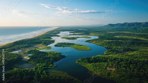 Bird's-eye view of the wild landscapes of the iSimangaliso Wetland Park, with estuaries, lakes, and coastal dunes