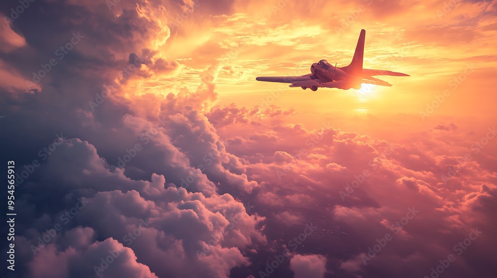 Majestic Fighter Plane Silhouetted in Sunset Sky with Dramatic Clouds and Warm Glow - Telephoto Shot Capturing Air Power Majestic Fighter Plane Silhouetted in Sunset Sky with Dramatic Clouds and Warm Glow - Telephoto Shot Capturing Air Power