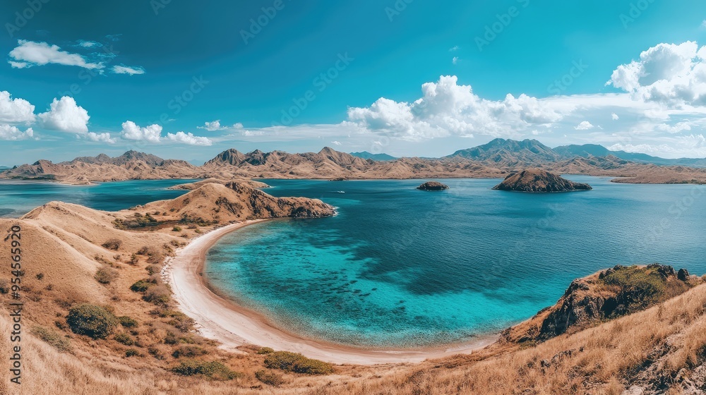 Panoramic shot of Komodo Island, with rugged landscapes, dry savannah, and turquoise waters around the coastline
