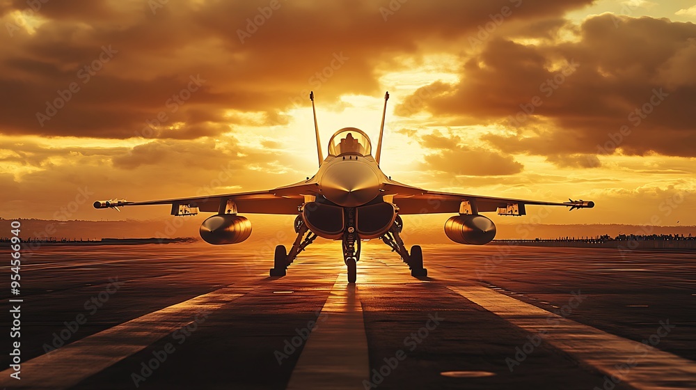 Fototapeta premium Dynamic Sunset Glow: Fighter Jet on Runway with Deep Shadows, Captured from a Dynamic Angle through Telephoto Lens