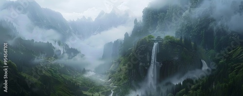 Waterfall flowing into a mist-shrouded valley, 4K hyperrealistic photo