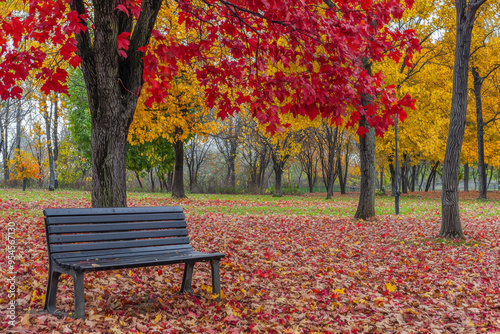 A serene park scene featuring a bench surrounded by vibrant autumn foliage in shades of red, orange, and yellow.