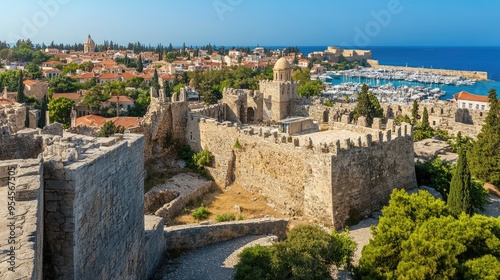 Panoramic view of Rhodes Old Town, with medieval architecture, ancient walls, and the harbor in the background