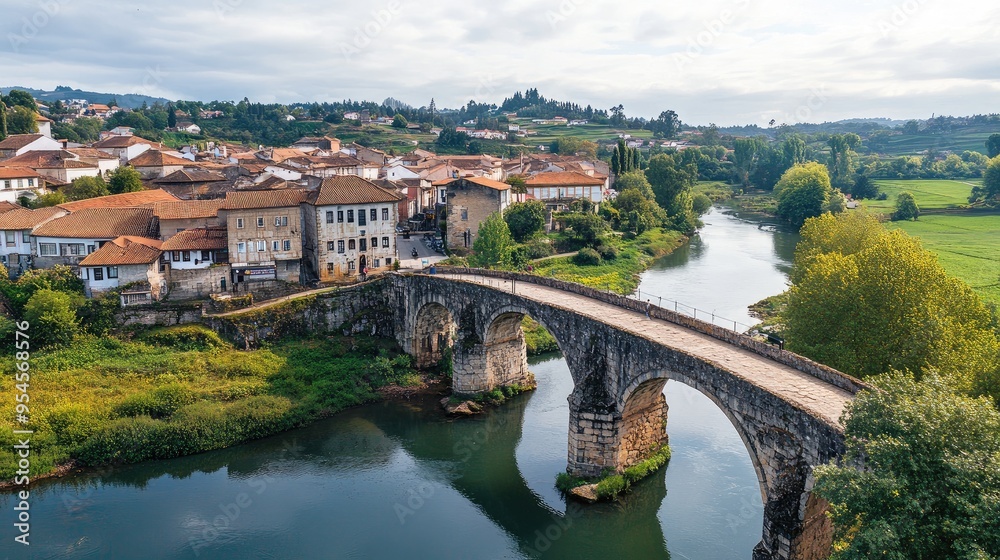 Top view of the ancient Roman bridge crossing the River in Chaves, with historic buildings and greenery Top view of the ancient Roman bridge crossing the River in Chaves, with historic buildings and greenery