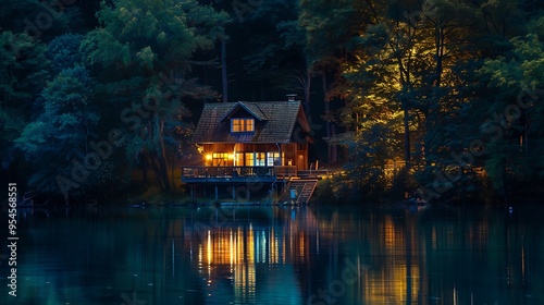 Fototapeta Naklejka Na Ścianę i Meble -  Charming homemade beside the lake at night