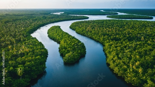 Top view of the calm waters and mangroves of the Madu River, with winding waterways through dense greenery