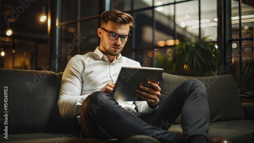  multitasking handsome young man wearing glasses
