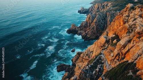 Top view of the dramatic cliffs and ocean views around Praia do Guincho, a famous surf spot near Cascais