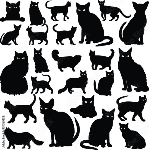 Black Cat Bundle Illustration, Kitty Cut File, Pawprint Stencil, Cool Cat Vector, Fur Animal Clipart