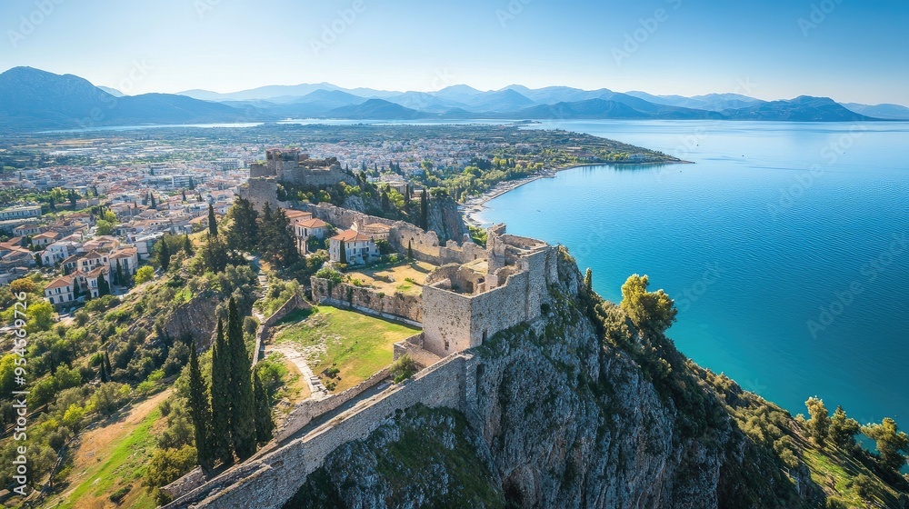 Top view of the fortress of Palamidi, overlooking the town of Nafplio and the blue waters of the Argolic Gulf Top view of the fortress of Palamidi, overlooking the town of Nafplio and the blue waters of the Argolic Gulf