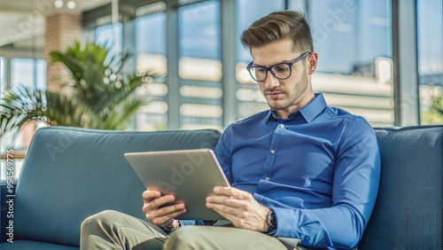  multitasking handsome young man wearing glasses