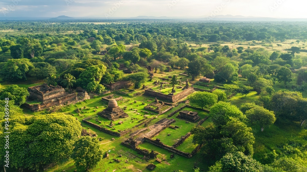 Top view of the historical city of Anuradhapura, with ancient stupas, ruins, and sprawling greenery Top view of the historical city of Anuradhapura, with ancient stupas, ruins, and sprawling greenery