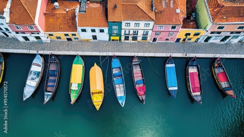 Top view of the peaceful Ria de Aveiro, known as the Venice of Portugala, with colorful boats and canals photo