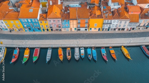 Top view of the peaceful Ria de Aveiro, known as the Venice of Portugala, with colorful boats and canals photo