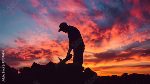 A man chopping wood at sunset the sky painted with vibrant colors. photo