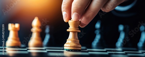 A close-up of a hand moving a chess piece during a strategic game, highlighting focus and concentration in a competitive environment. photo