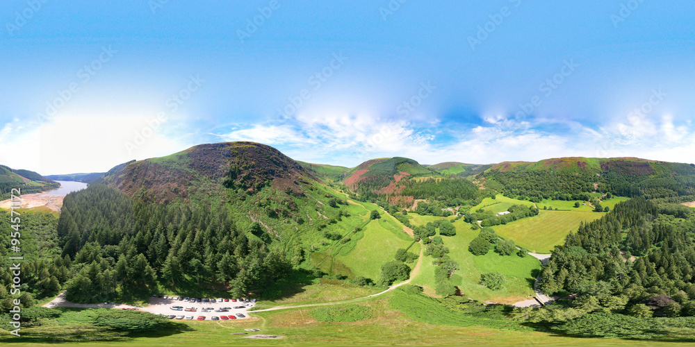 Spherical aerial view to Rhiwargor waterfall and lake Vyrnwy area.