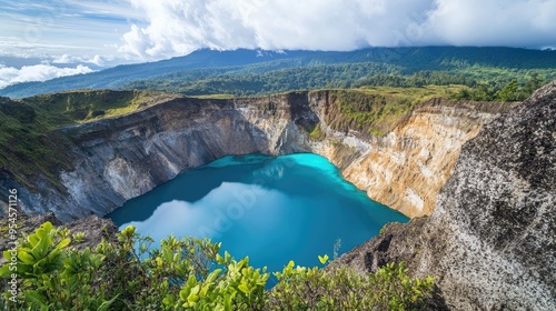 Top view of the rugged volcanic landscapes and colorful lakes of Mount Kelimutu in Flores