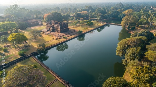 Top view of the serene lake and gardens of Parakrama Samudra in Polonnaruwa, with ancient ruins nearby photo