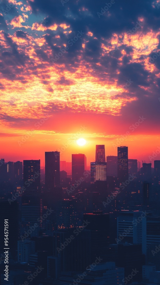 Fototapeta premium Dawn Cityscape Silhouette, a vibrant skyline emerges as the sun rises, casting colorful hues across the horizon, blending urban architecture with breathtaking morning light.